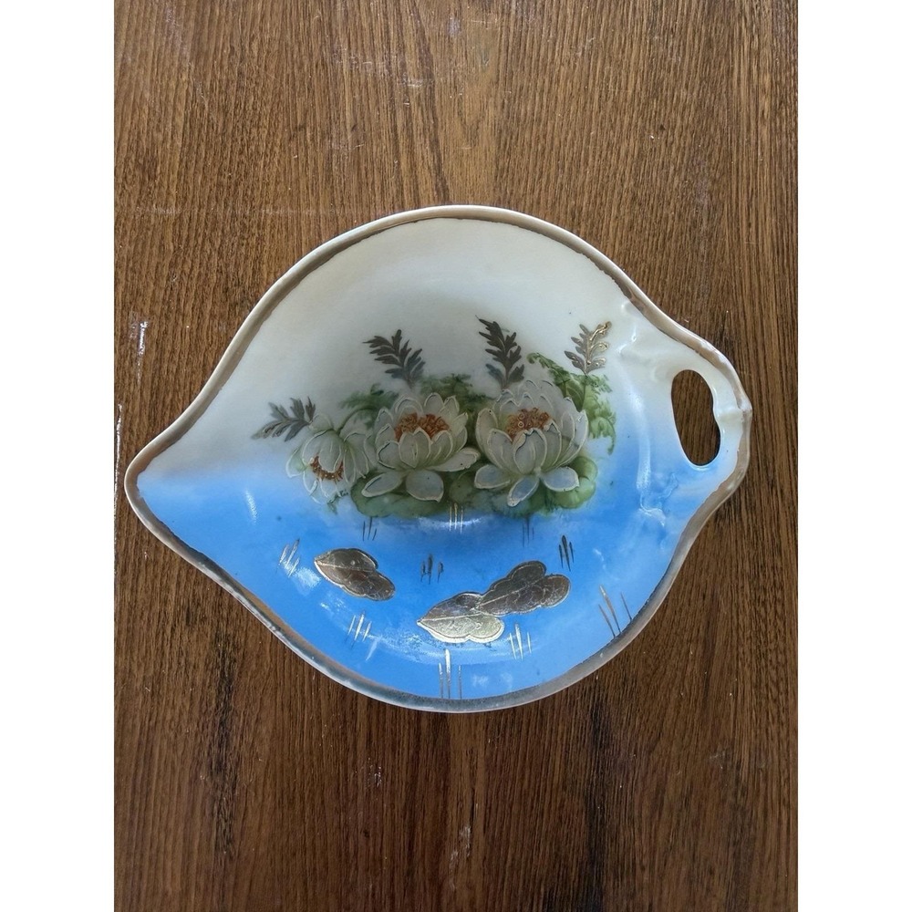 Vintage Jonroth Studios Germany Hand Painted Water Lily 5 3/4" Leaf Trinket Dish